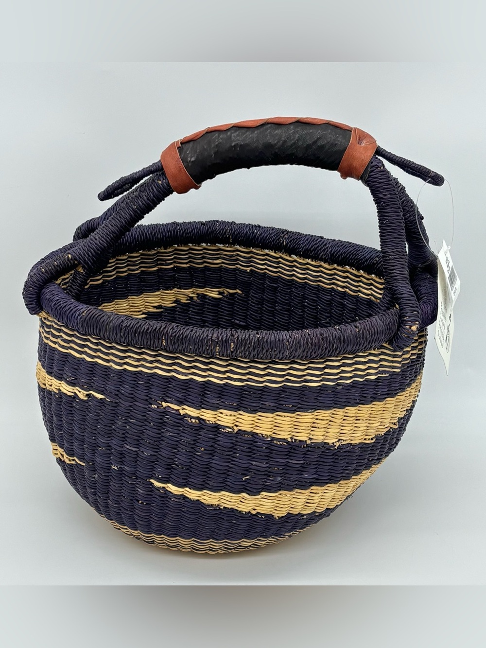 African Ghana Bolga Market Basket Handwoven Leather Handle Navy Natural Boho NWT